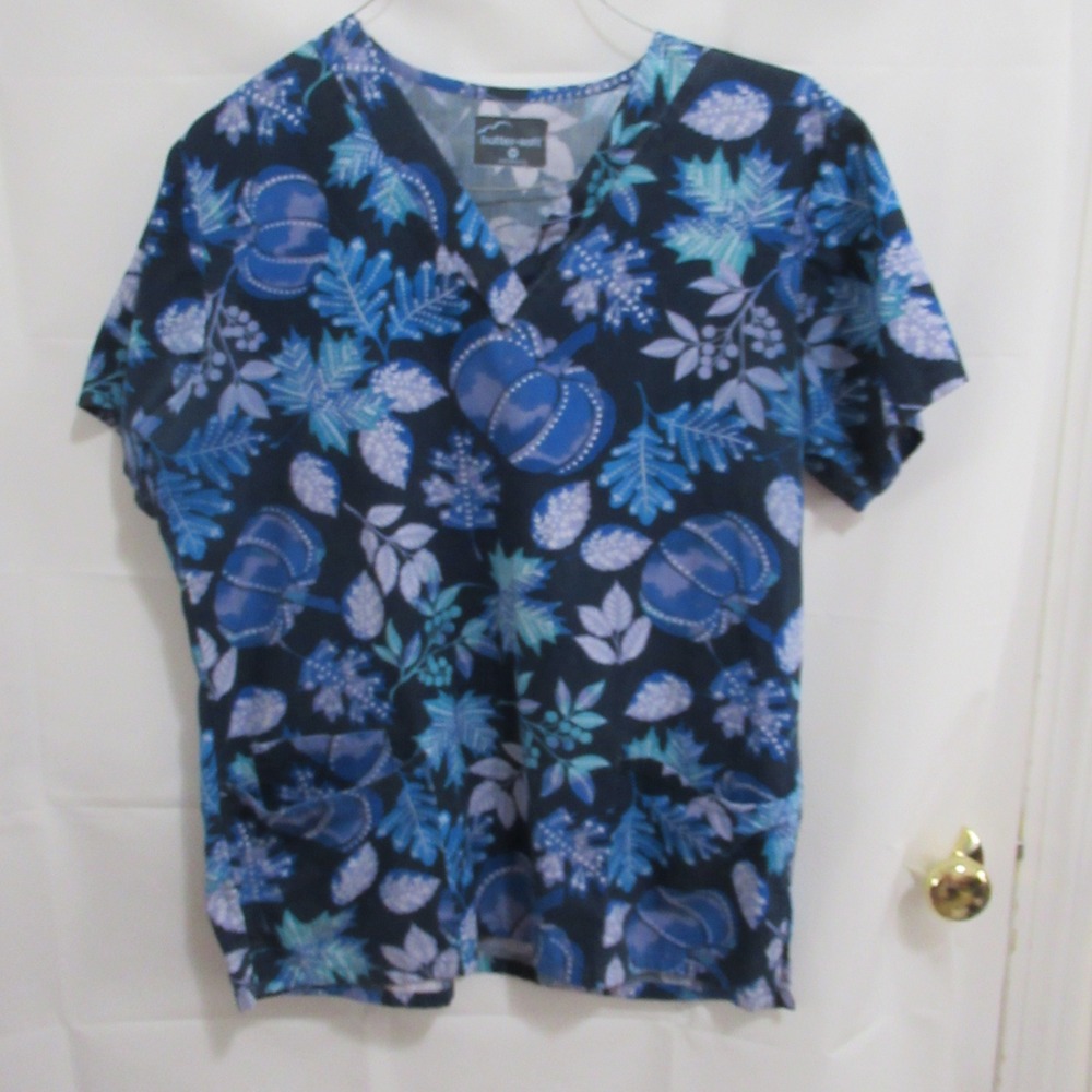 Butter-Soft Scrub Top Womens Medium Blue Pumpkin Fall Print Excellent V-Neck